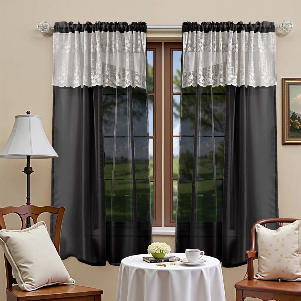 1PC Solid-Color Terylene Rod-Pocket Sheer Curtains with Three Layers of Lace, Multiple Colors Available,