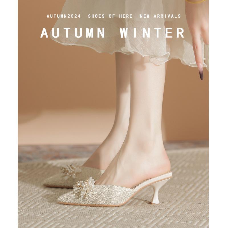 Туфли-лодочки со стразами, бантиком, острым носком, на тонком высоком каблуке, женские, с мелким вырезом, не утомляют ноги, летние новые босоножки с открытой пяткой, женские