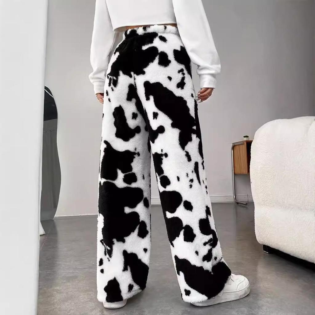 2025 Shien High-Waist Cow Pattern Casual Fur Trousers - Comfortable Autumn/Winter Pants