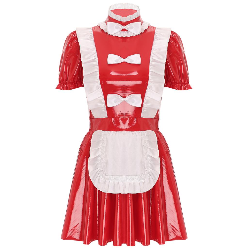 Womens Naughty Maid Uniform Clubwear Glossy Patent Leather Maid Cosplay Dress Ruffles Trims Bow Apron Puff Sleeve A-Line Dress