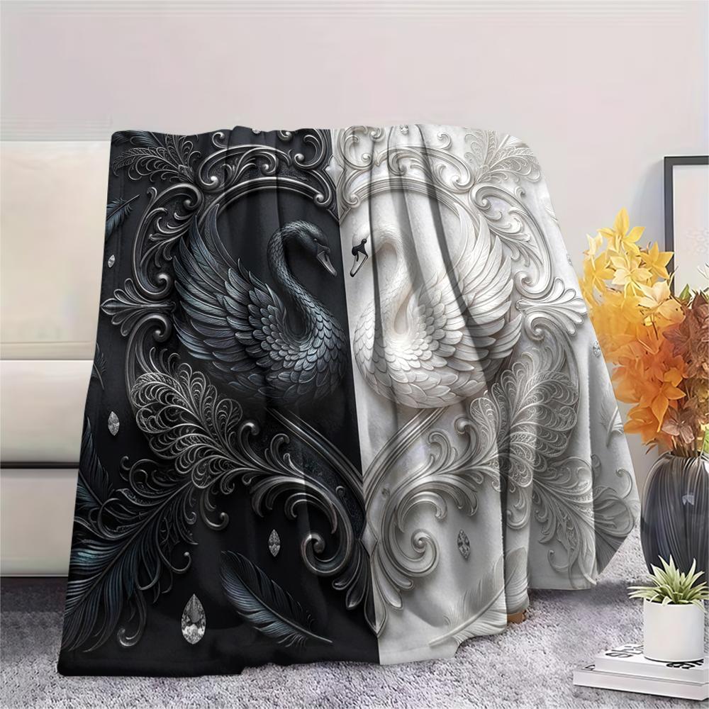 1Pc Black&White Swan Print Flannel Blanket, High quality Comfortable for All Seasons, Home Decor, Warmth and Comfort, Perfect for Christmas Gifts W33