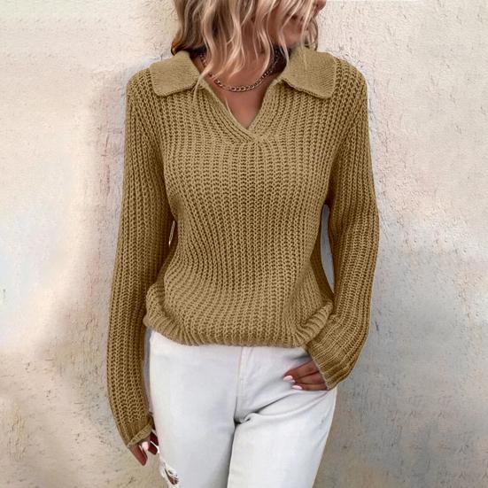 V Neck Turn-Down Collar Long Sleeve Knitted Sweater Autumn Winter Solid Color Slim Sweater Jumper Female Clothing
