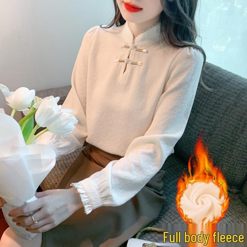 Ретро пуловер с воротником-стойкой и пуговицами-лягушками: Плюс Велюровый Утепленный Базовый Слой на Осень/Зиму 2025, Новый Китайский Стиль.