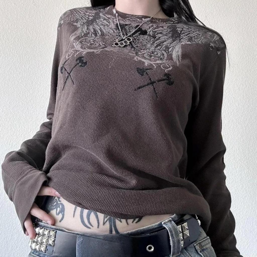 2KWEIRD Y2K Гранж Кибер Молл Гот Термо Футболка Принт Черепов Длинный Рукав Пуловеры Топы Женские 90-е Винтажные Эстетичные Футболки