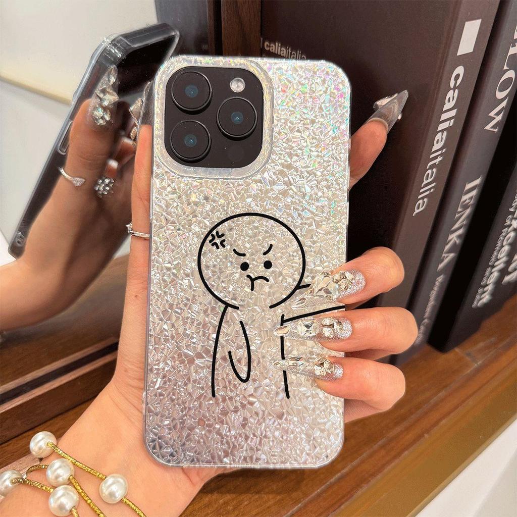 Phone Case for iphone 16 Plus XR 17 Pro Air 13 18 Pro Max 12 XS Max 11 14 15 Angry Stick Figure Silver Cracked Texture Shockproof Cover
