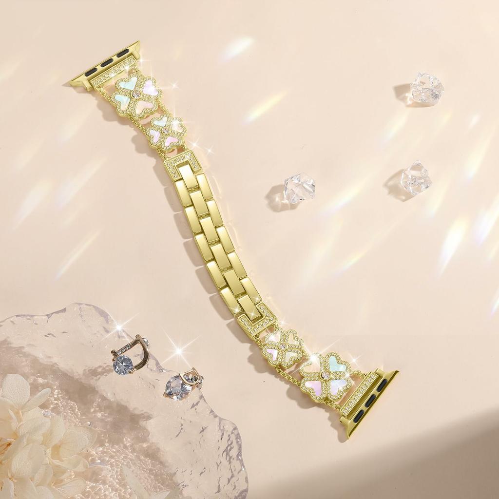 Metal Strap for Apple Watch Series 10 9 8 7 SE 6 5 4 3 2 1 42mm 41mm 40mm 38mm Heart Clover Rhinestone Decor Watch Band