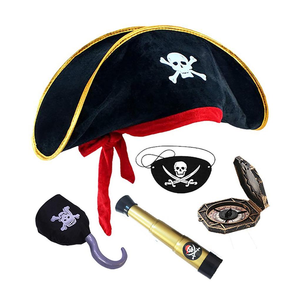 Pirate Compass Skull Print Hat Costume Kits for Treasure Hunt Stylish Role Play Accessories for Halloween Party