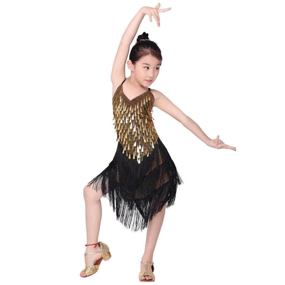 Танцевальные наряды с блестками для девочек, бальное платье с ремешками, детское платье для латинских танцев с v-образным вырезом, костюм для соревнований с блестками и бахромой, танцевальная одежда для джаза