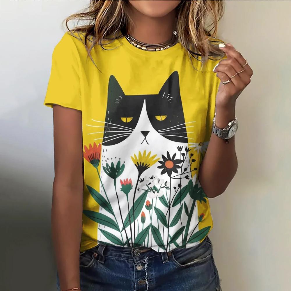 Fun and Cute Cat 3D Printed Women's Loose and Fashionable Round Neck Short Sleeved T-shirt