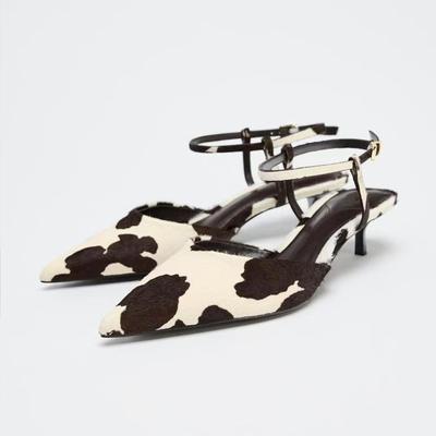 Мода Новое Инс Мода Женщины Конский волос Корова Узор Котенок Высокий каблук Вечеринка Свадебная обувь Женщина Сексуальный Острый носок Слингбэк Туфли-лодочки Сандалии