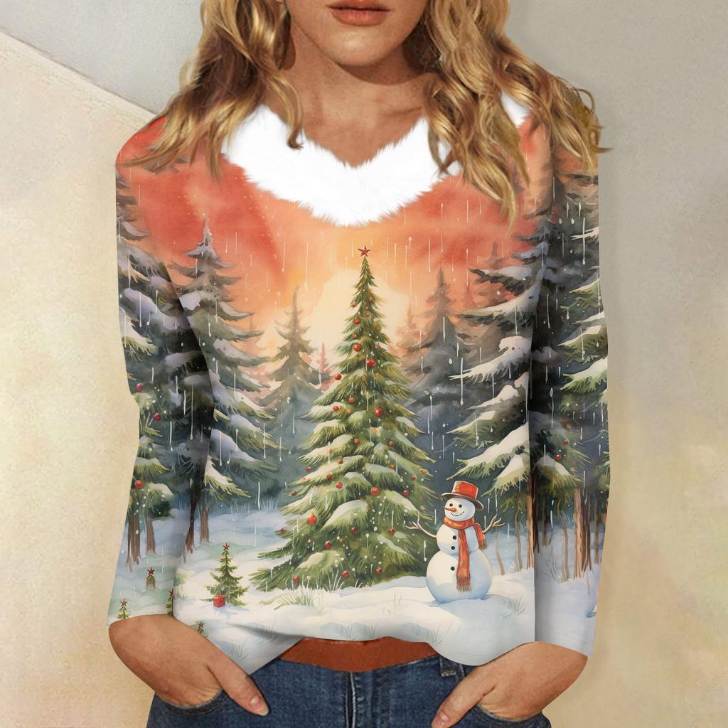 Women's T Shirt Shirt Long Sleeve Christmas Party Printed Plush Collar V Neck  Top
