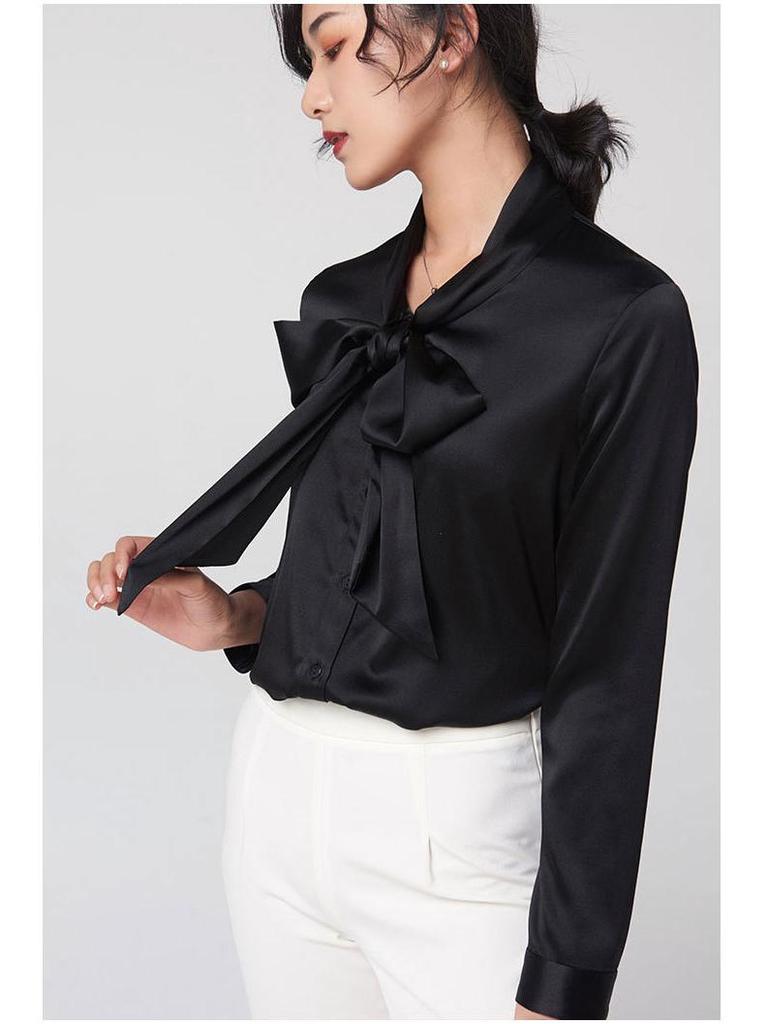 Heavyweight Mulberry Silk V-Neck Bow Blouse - Women's Long Sleeve Shirt for Autumn & Spring