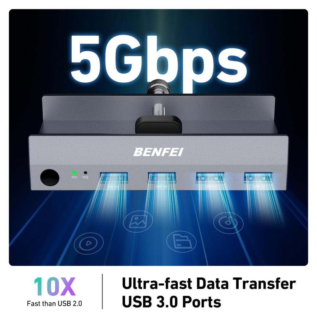 KVM-переключатель BENFEI HDMI (8K@60Гц/4K@240Гц) USB-переключатель с 4 портами USB 3.0, для 2 компьютеров, общий монитор, клавиатура и мышь. Простое подключение с