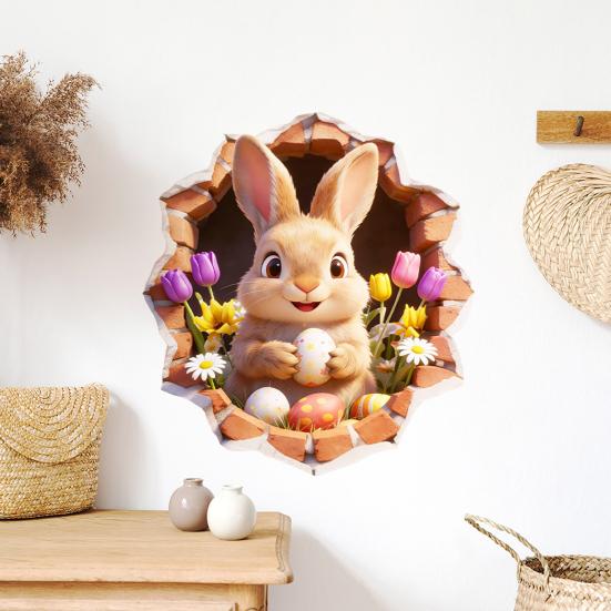 Пасхальная Наклейка на Стену Смешной Кролик Трещина Отклеивающаяся Наклейка 3D Дизайн с Дырой Мультяшные Самоклеящиеся Наклейки на Стену для Детской Комнаты Игровой Комнаты