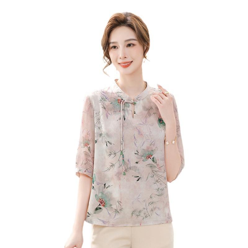Летнее платье мамы все еще шифоновая блузка 2024 года новая одежда для женщин среднего и пожилого возраста весна и лето тонкий топ