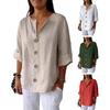 Women Shirt V-Neck 3/4 Sleeve Loose Fit Pullover Tops Buttons Decor Breathable Casual Tops Daily Wear