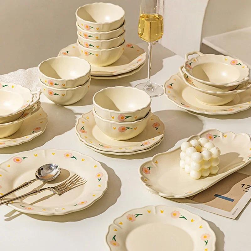 Ретро Цветочная Керамическая Тарелка Модная Креативная Вкусная Суповая Чаша Домашняя Послеобеденная Чашка Десерт Фруктовые Тарелки Изысканная Рыбная Тарелка