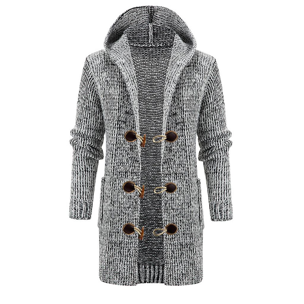 Men's Solid Color Knitted Coat Hooded Long Windbreaker Button Cardigan Medium Length Sweater