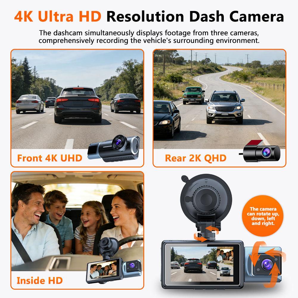 3-Channel 4K Dash Cam - Triple Recording, Night Vision, Wide Angle, WiFi, Phone Sync, Parking Monitor