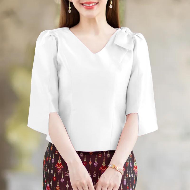ZANZEA Женская летняя свободная повседневная блузка с V-образным вырезом и рукавом 3/4