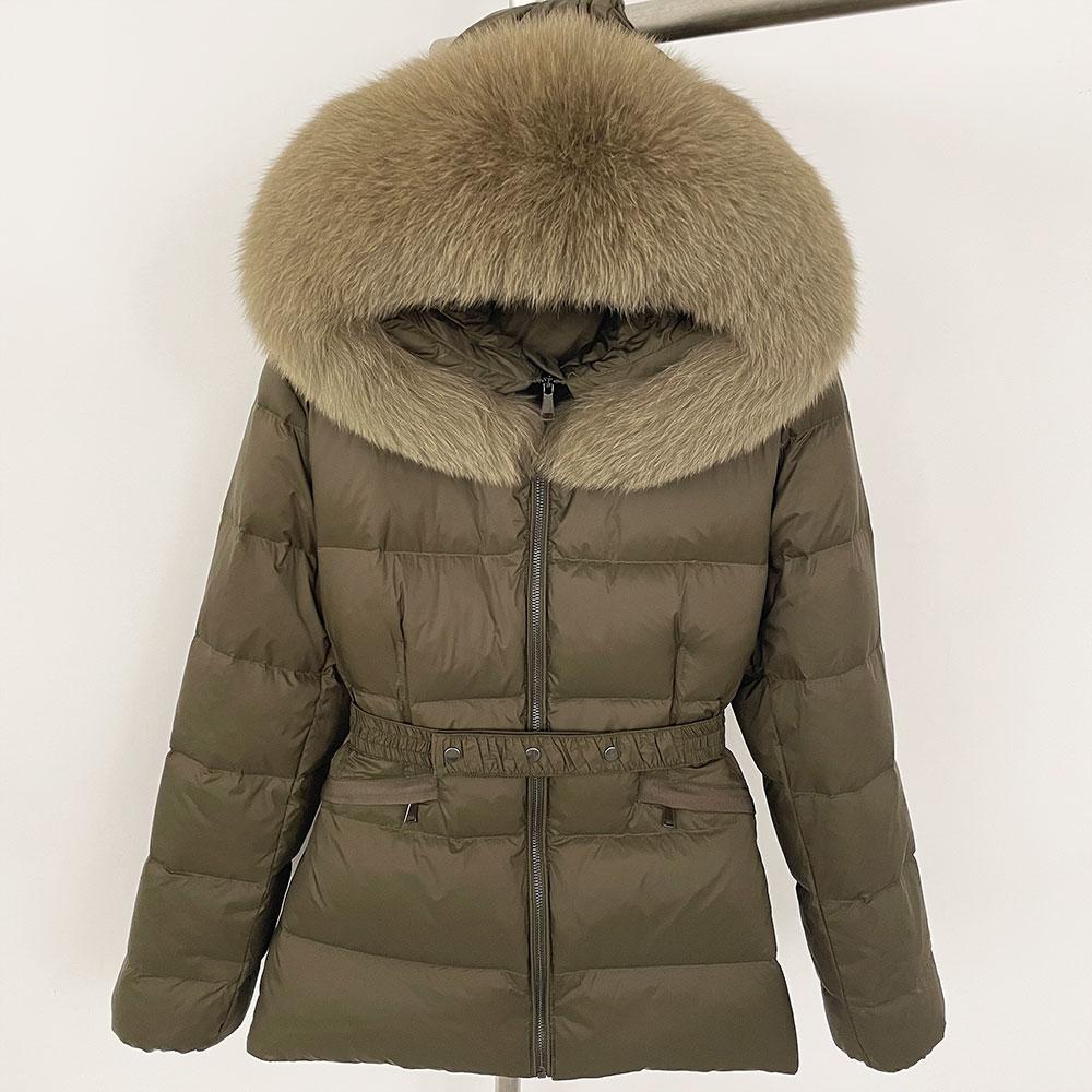 OFTBUY 2024 Winter Jacket Women Natural Real Raccoon Fox Fur Collar Hooded White Duck Down Coat Belt Thick Warm Casual Outerwear