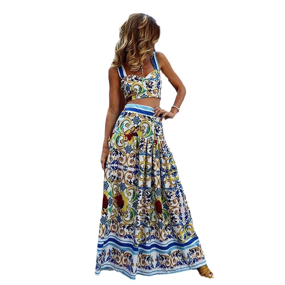 2025 Весна/Лето Женский Сексуальный Европейский и Американский Женский Комплект Платьев с Подтяжками и Принтом - Пляжный Комплект Из Двух Частей