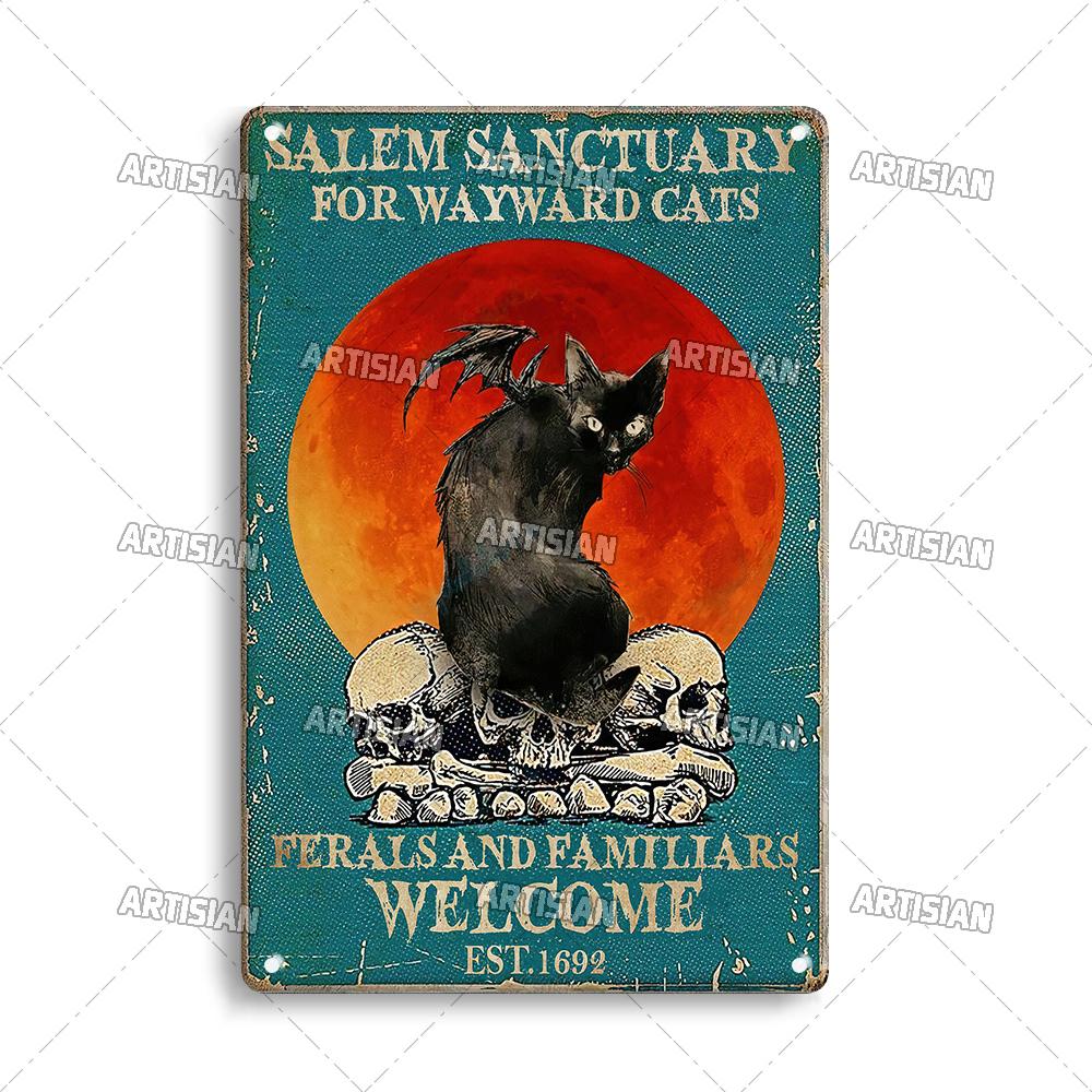 Mfoever  Художественный Забавный Питомец Ретро Металлическая Вывеска Salem Sanctuary Кот Винтажная Декоративная Жестяная Табличка Бар Паб Клуб Дом Мужская Берлога Настенный Декор