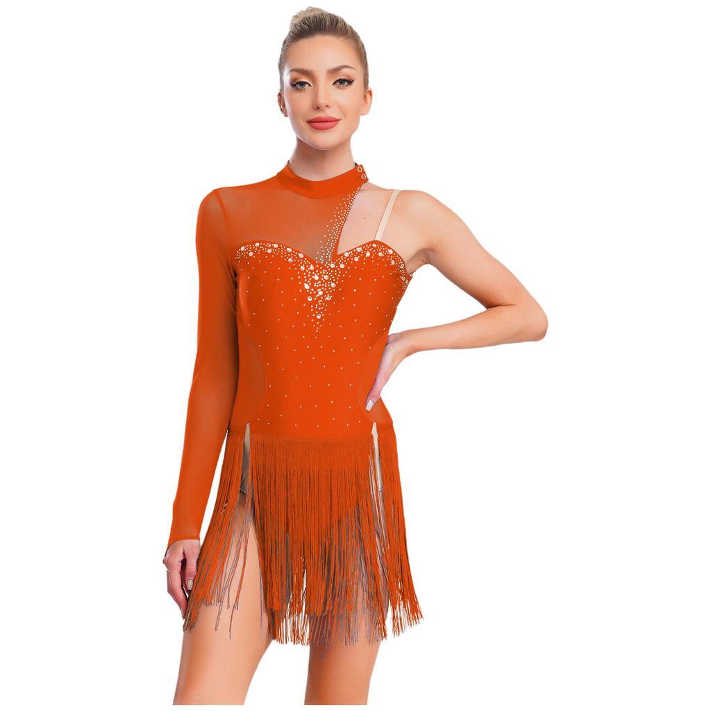 Женский костюм для латиноамериканских танцев и танго, прозрачная сетка, пэчворк, вырез на спине, блестящие стразы, асимметричное платье с бахромой