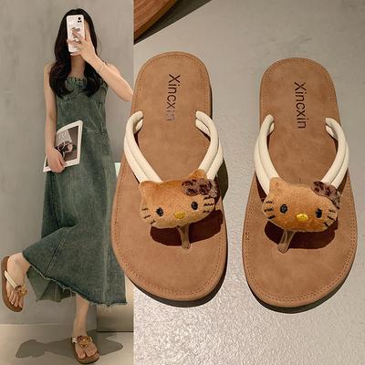 Мультяшные черные шлепанцы с кошкой КТ, женские летние, нескользящие, пляжные, повседневные, с открытым носком, крутые тапочки, студенческие