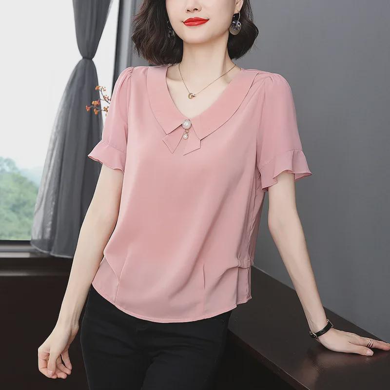 Лето 2023 г., женская стильная блузка свободного кроя из шифона с оборками и коротким рукавом