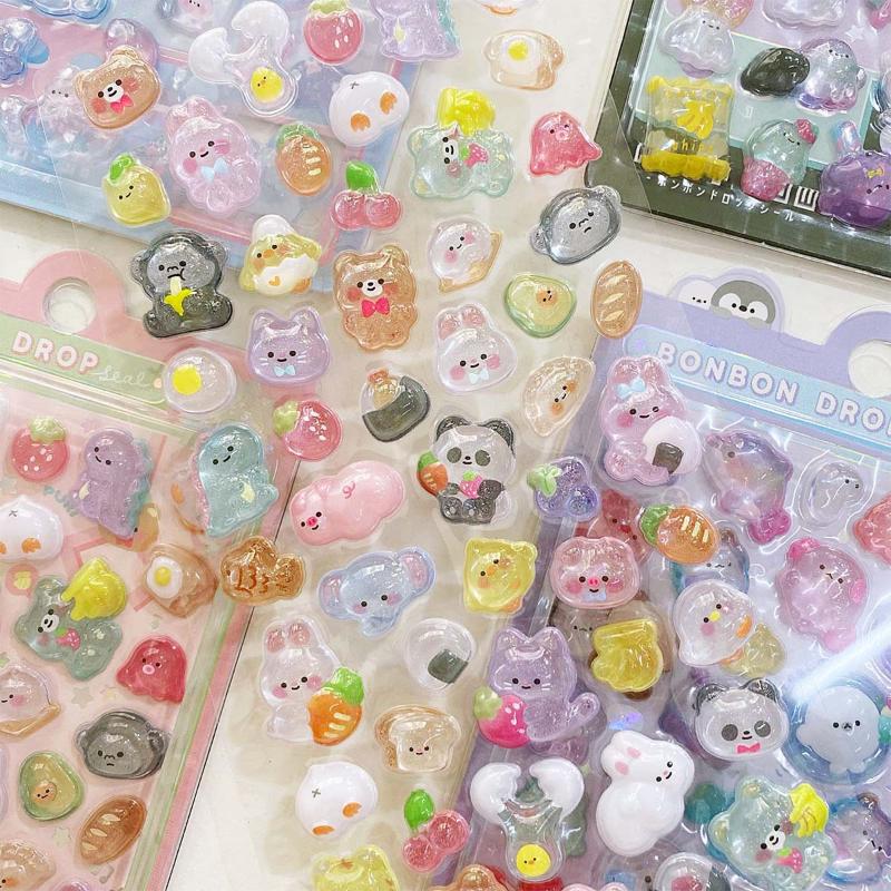 4 Sheets Cartoon Animal Ghost Rabbit Aesthetic Decals 3D Relief Jelly Stickers Diy Phone Case Diary Stationery Sticker Decor