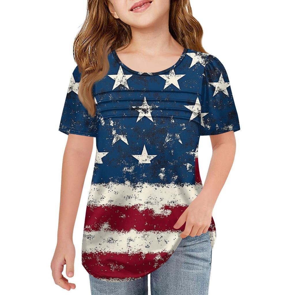 Детская плиссированная футболка с коротким рукавом, летняя футболка с круглым вырезом и принтом «День независимости»