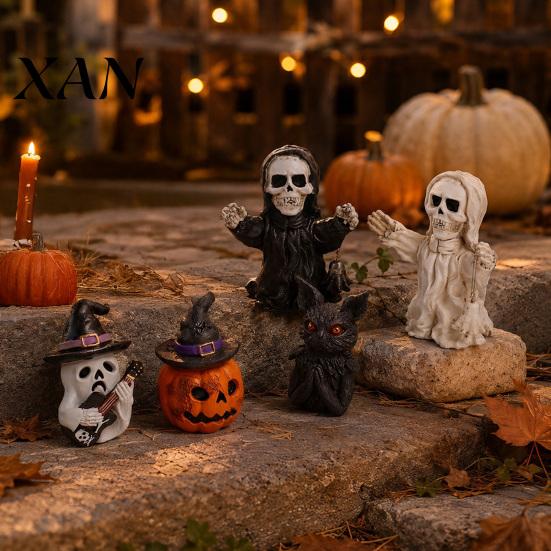 Hand Painted Gothic Home Decor Halloween Resin Figurine, Spooky Skeleton Pumpkin Ghost Statue for Retro Mottled Texture Ornaments Tiered Tray,