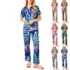 Women's Christmas Print Pajama Set Women's Short Sleeve Long Pants Two-piece Set Button-up Home Clothes