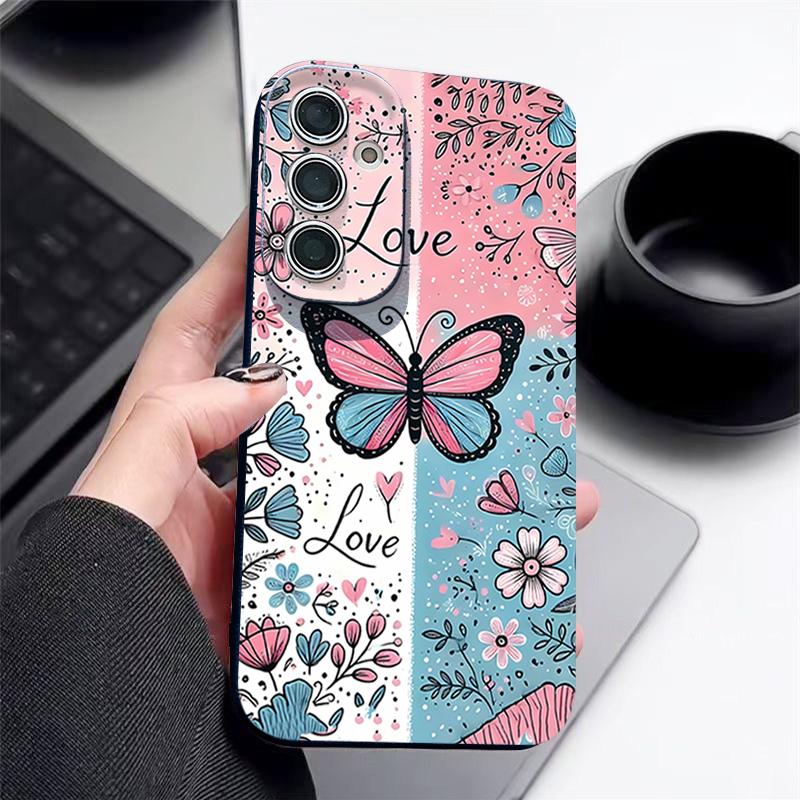 Чехол с цветочным рисунком в виде бабочек и голубых роз для Samsung S26 S25 S24 Ultra S23 S22 S21 FE A15 A16 A17 A26 A35 A36 A37 A54 A55 A56 A57 5G с текстурой кожи.