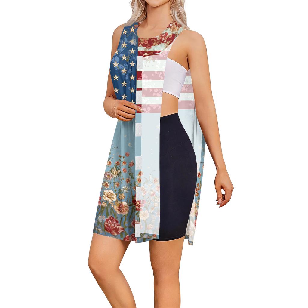 Sleeveless Independence Day Dress with Tearable Shoulder Design Post Surgery Dress for Women American Flag Print Summer Casual Dress