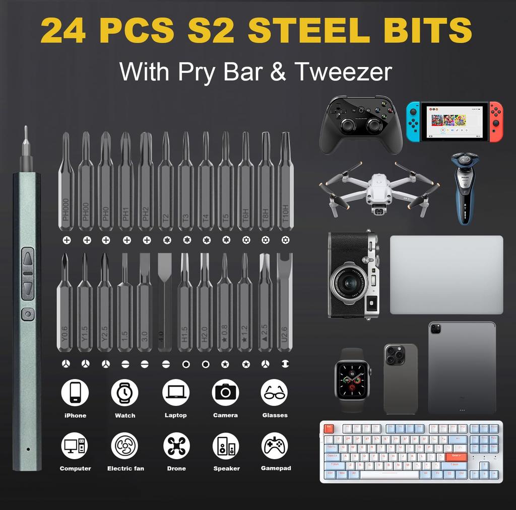 AMZDIGI Электрическая прецизионная отвертка Максимальный крутящий момент вперед и назад Светодиод для инструментов для самостоятельного ремонта Набор 30-в-1, 2 уровня крутящего момента, 3 Н·м, Форма ручки, Выдвижная