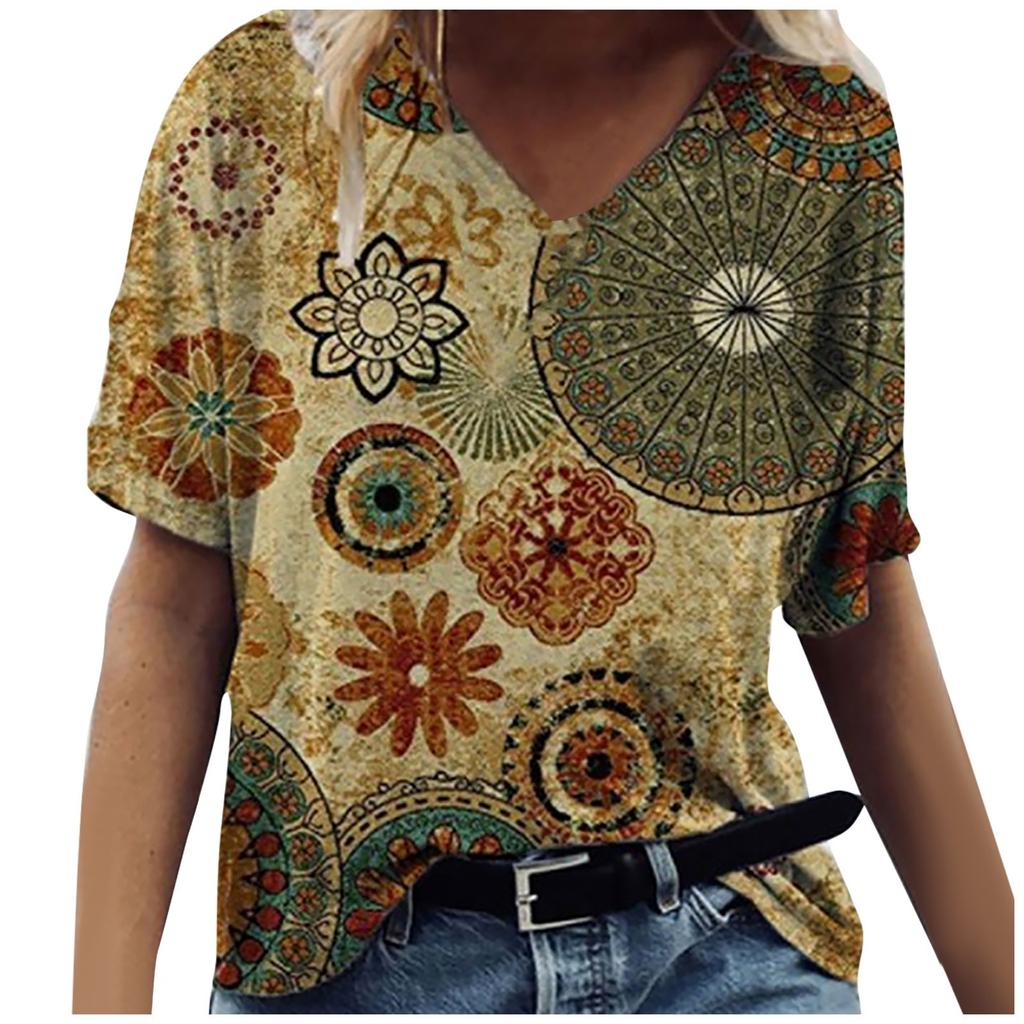 Women's Fashion Casual V-Neck Loose Comfortable Short Sleeve Print Tops Blouse