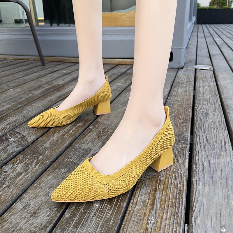 Женские туфли на большом каблуке 2024 года, новые туфли на высоком каблуке, вязаная дышащая резиновая нескользящая подошва, весенние и осенние туфли из латекса