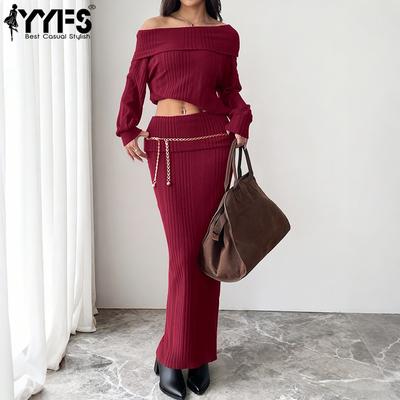 Женская Мода Повседневный Однотонный Принт Осень Зима Длинный Рукав На Одно Плечо Юбочные Костюмы