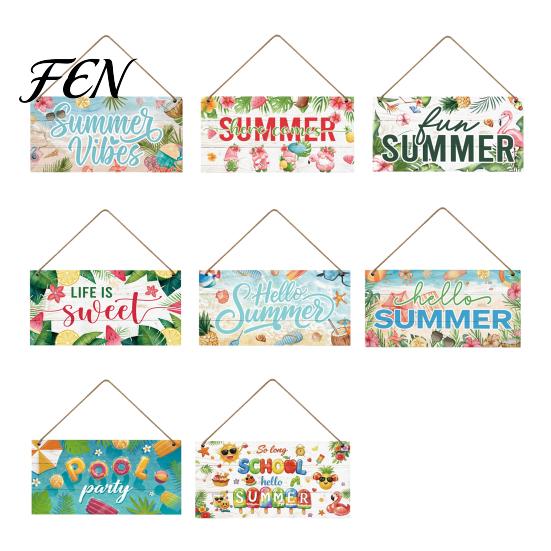 Summer Hanging Ornament Wooden Sign, Beach Theme Welcome Sign Front Door Decor with Themed Gifts Rope, Colorful Hanger for Seasonal Farmhouse