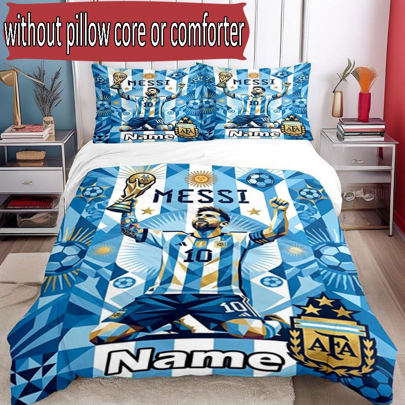 3pcs Duvet Cover Set (1*Duvet Cover + 2*Pillowcase, Without Core), Custom Name Lionel Messi Pattern Bedding Set, Home Bedroom Decor Gift