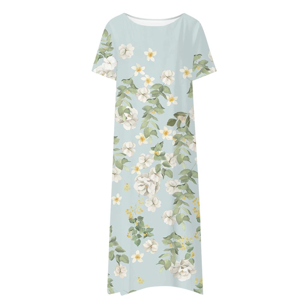 Women's Summer Casual Fashion Floral Print Short Sleeve Round Neck Pocket Dress