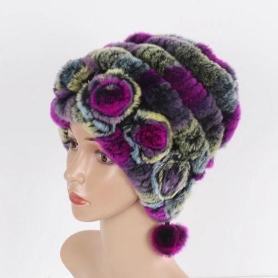 Горячая Распродажа Зимние Женские Шапки с Цветами и Полосками из Натурального Меха Рекса, Теплые Вязаные Шапки из Натурального Меха для Леди, Русские Уличные Меховые Шапки