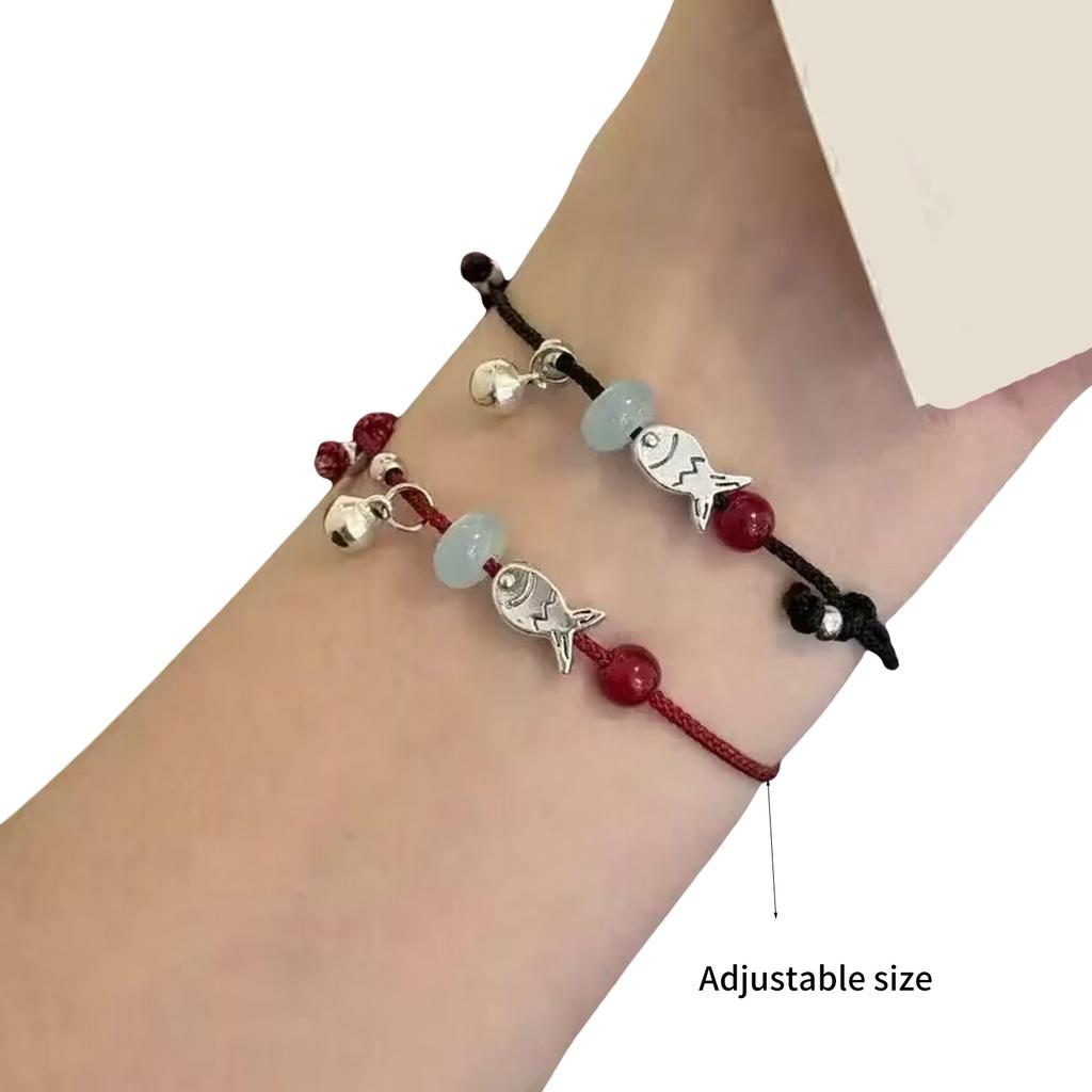 Pack of 2 Fish Charm Braided Bracelets Adjustable Red Black Cord Jewelry Wristband Accessory for Couples Friendship