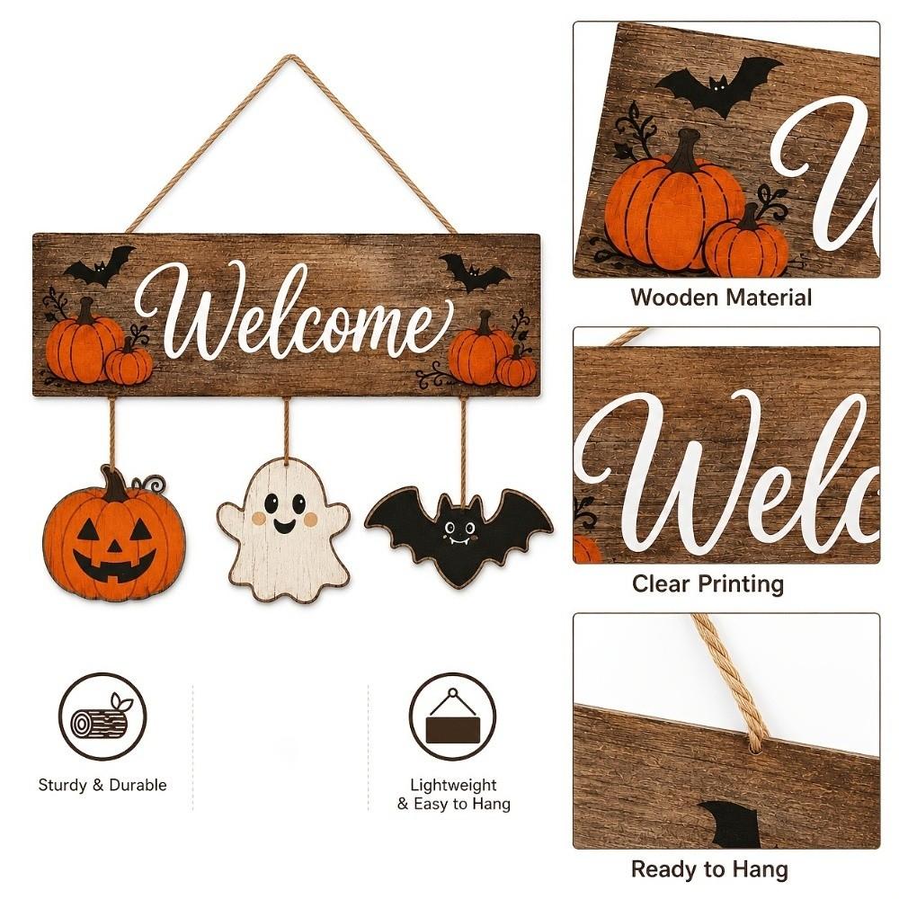 Vintage Pumpkin Ghost Bat Wood Plaque Wear-Resistant Halloween Wall Door Hanging Front Door