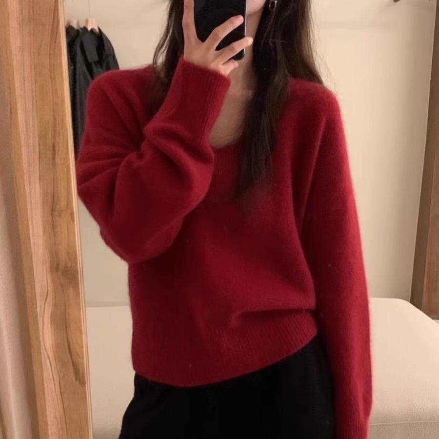 Женский корейский трикотажный свитер с V-образным вырезом синего цвета - мягкий пуловер свободного кроя для осени/зимы.