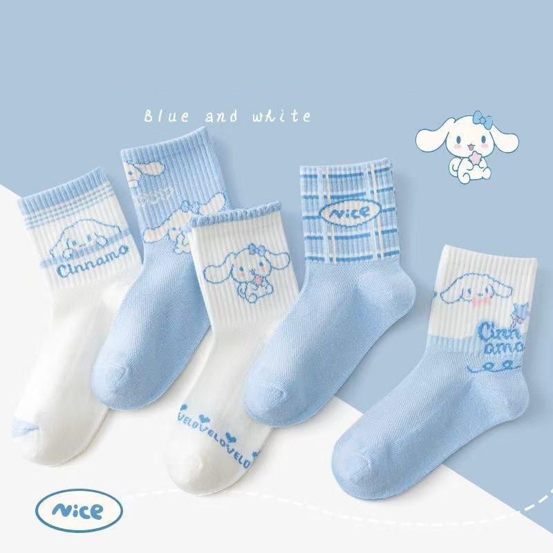 Women Cute Cartoon Mid Calf Socks Breathable Cotton Casual Socks 5 Pairs Pack Comfortable Soft Daily Wear