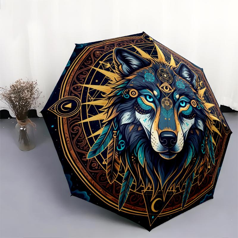 1 шт. Автоматический складной зонт - С загадочным узором волка, Портативный и складной дизайн с 8 спицами, Рождественские и новогодние подарки