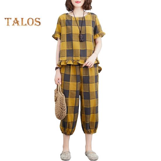 Женский комплект из 2 предметов для отдыха, повседневный клетчатый топ большого размера с короткими рукавами и спортивные брюки, летний свободный наряд